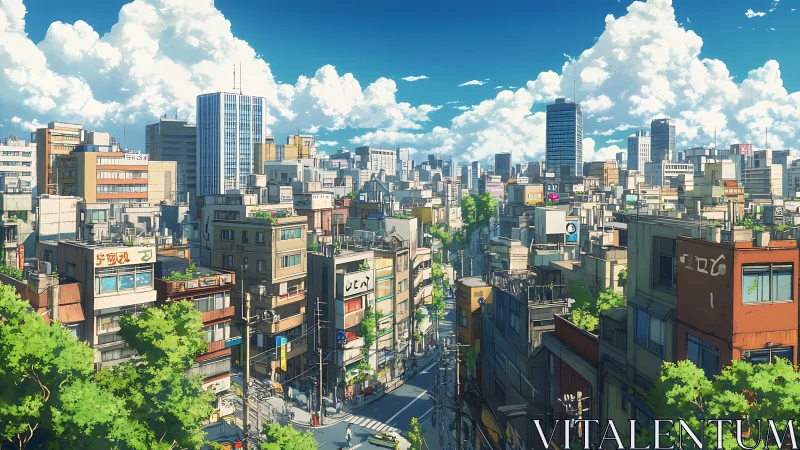 Sunlit Tokyo district rendered in crisp cel-shaded detail.