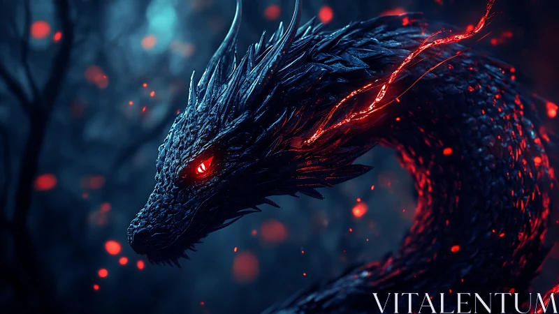 Cinematic 3D dragon profile with ember-lit scaled curvature.