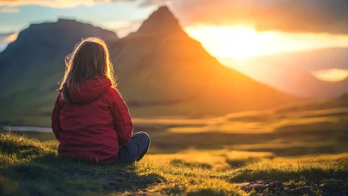 Child in red jacket facing sunlit mountain landscape.