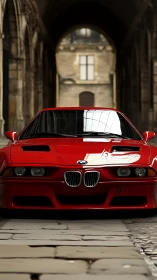 Red BMW sports car parked in historic stone archway.