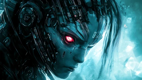 Neon-eyed cyber siren stalks the frozen digital horizon.