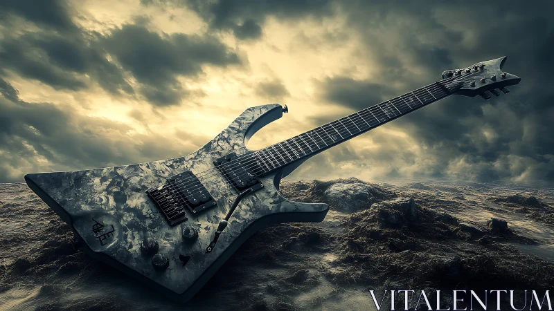 Stormy alien landscape cradles a jagged electric guitar