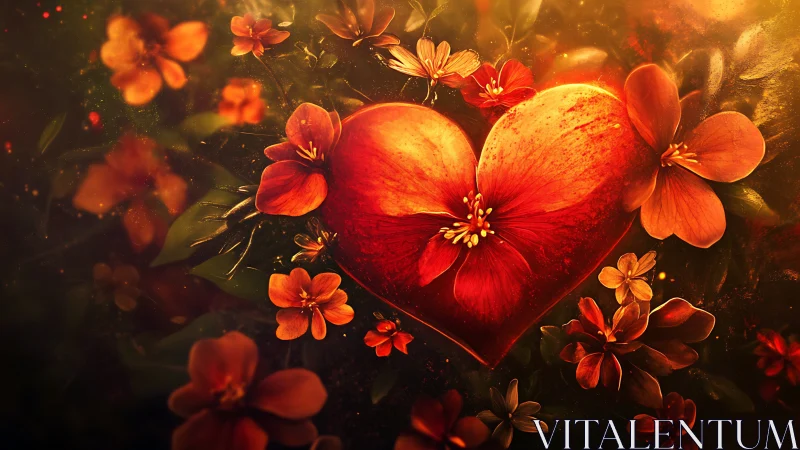 Radiant Heart Enveloped in Luminous Floral Composition with Warm Atmospheric Light