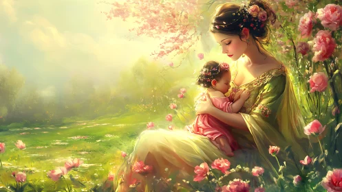 Mother and Child in Blossoming Garden - Ethereal Light.