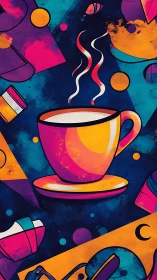 Steaming coffee cup anchors a neon pop-art beverage montage