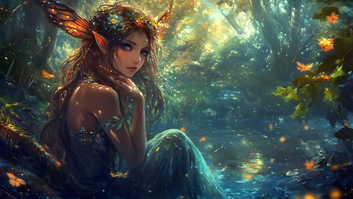 Forest fae dreaming beside a firefly-lit moonlit stream.
