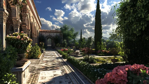 Sunlit cloister garden unfolds with lush, blooming pathways.