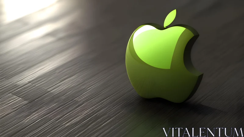 Glossy Green Apple Logo on Dark Wooden Surface, 3D Rendered Style.