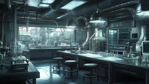 Quiet futuristic lab glows with cool light and careful order