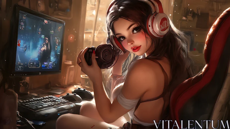 Gamer girl streaming in warm-lit digital studio interior.