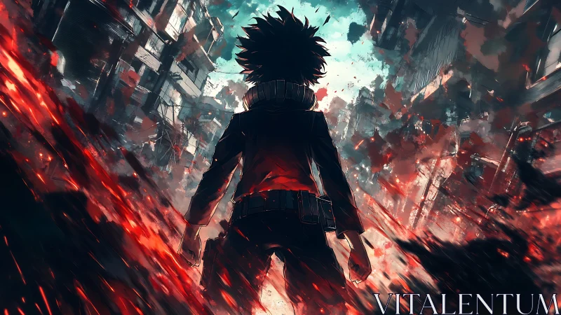 Anime hero stands amid burning ruined city streets.