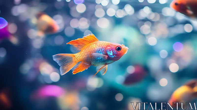 Goldfish is positioned centrally against defocused aquarium lights