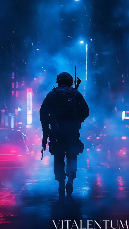 Tactical silhouette in neon-saturated rainy urban corridor.