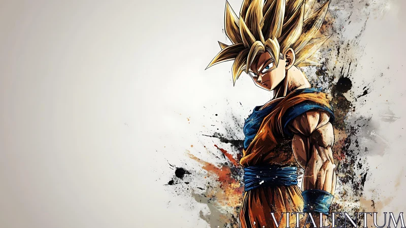 Muscular anime warrior with spiky hair on splatter background.