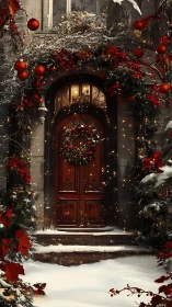 Snow-covered manor doorway glowing with festive garlands.