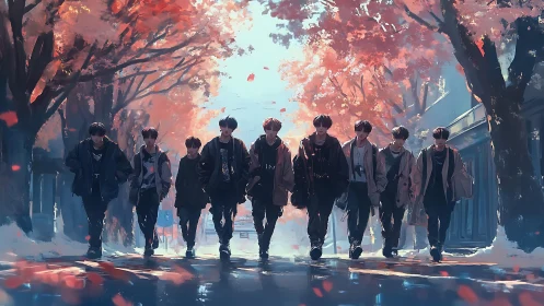 Autumn streetwalk captures friends beneath glowing cherry trees.