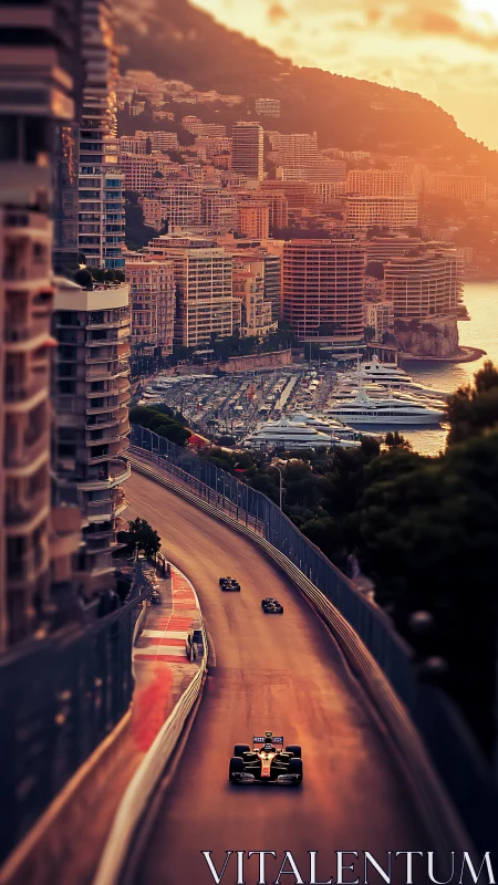 Sunset city race track with formula cars and harbor view.