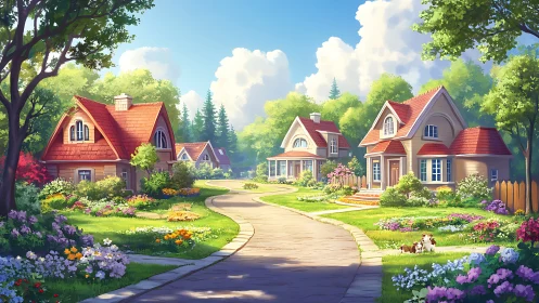 Curved residential lane passes small gabled houses and gardens