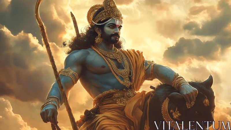 Divine blue warrior riding black lion under golden sky.