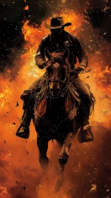 Cowboy Rider Engulfed in Flames. Wild Western Action.