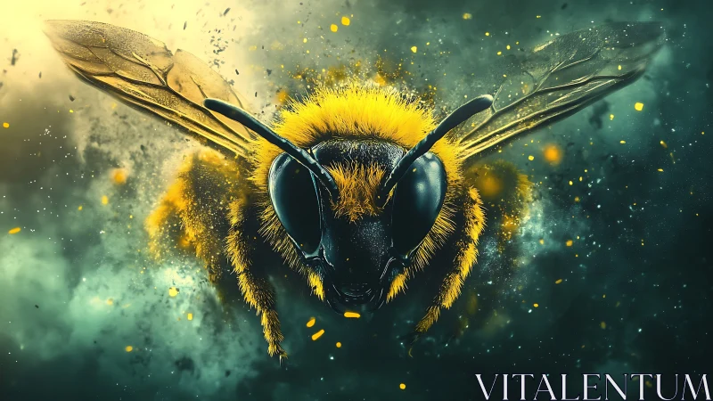 Macro digital rendering of a flying bee in motion dust field.