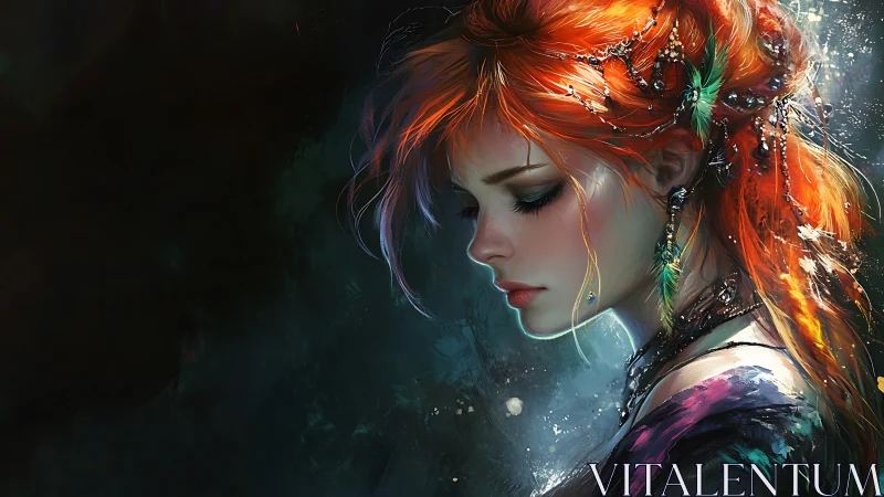 Firelit muse bows her gaze beneath drifting ocean light