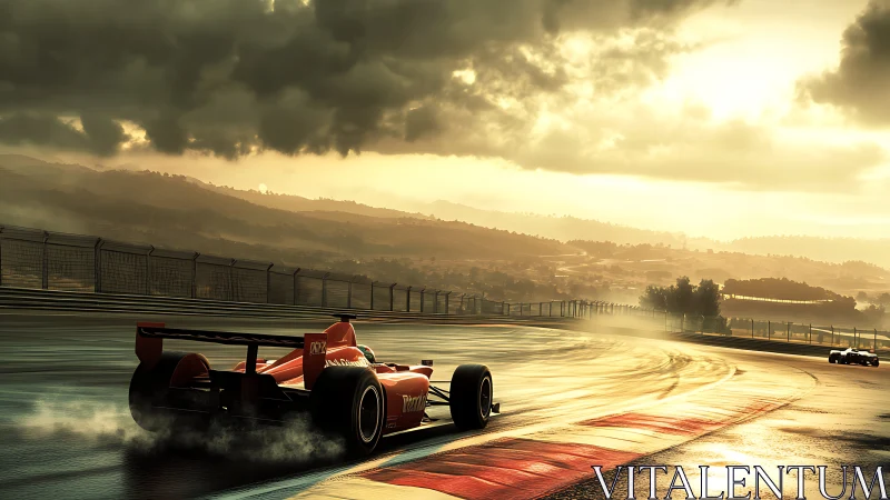 Red formula car powers through wet track at golden sunset.