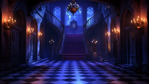 Midnight stairway in a candlelit haunted ballroom dream.