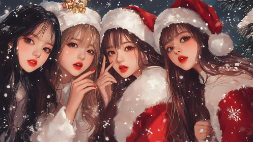 Snowlit quartet of festive girls in vivid Santa attire.