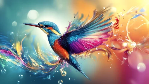 Colorful digital kingfisher in motion with abstract light.