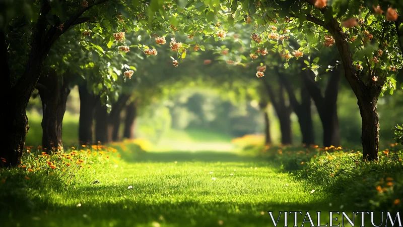 Sunlit Orchard Tunnel Where Quiet Blossoms Hum Softly.