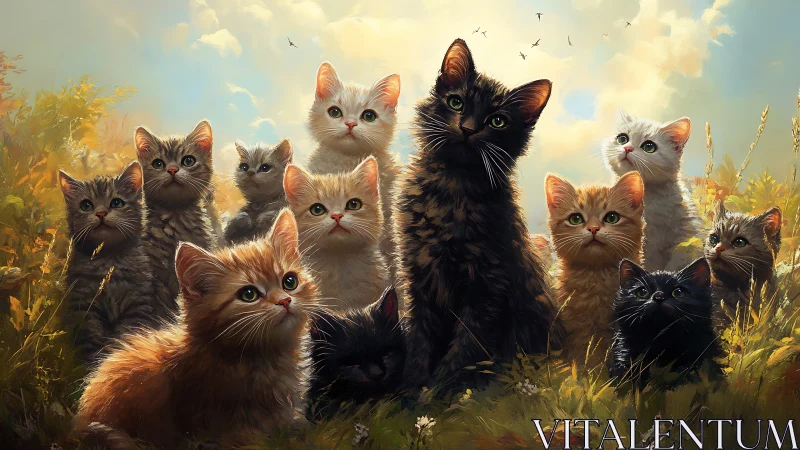A Gathering of Cats in the Golden Meadow at Sunset