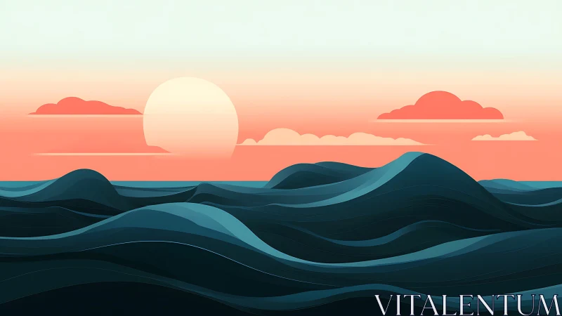 Minimalist ocean waves roll beneath a soft pastel sunset.