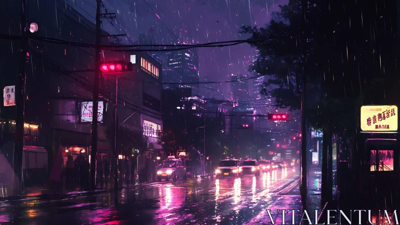 Neon rain over quiet city street with glowing traffic lights.