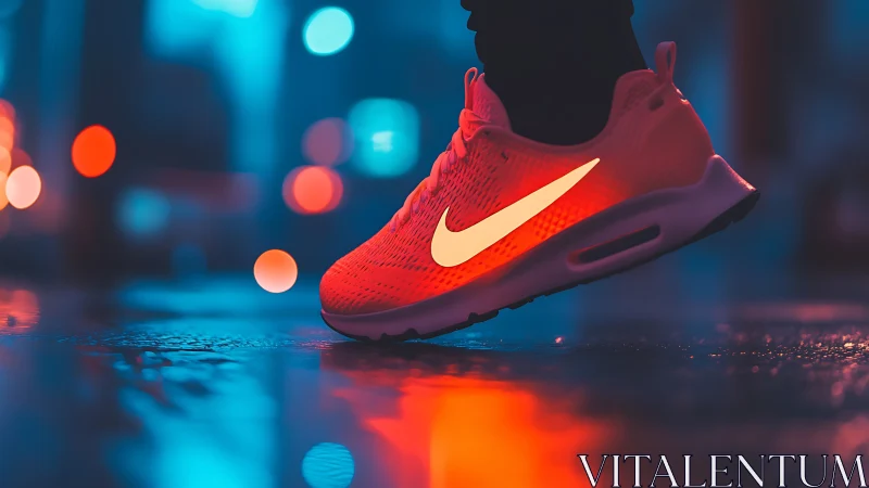 Neon red running shoe with glowing logo hovers above wet street