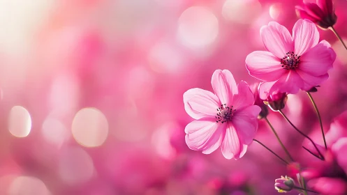Pink cosmos blooms dance through dreamy soft-focus bokeh realms