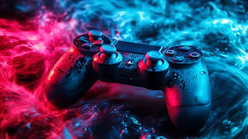 Gaming controller pulses under neon vaporwave lighting.