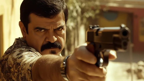 Sunlit standoff freezes a steely-eyed gunman mid-aim