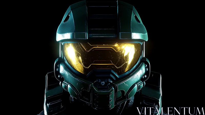 Bold sci fi armored helmet glows warmly in the darkness