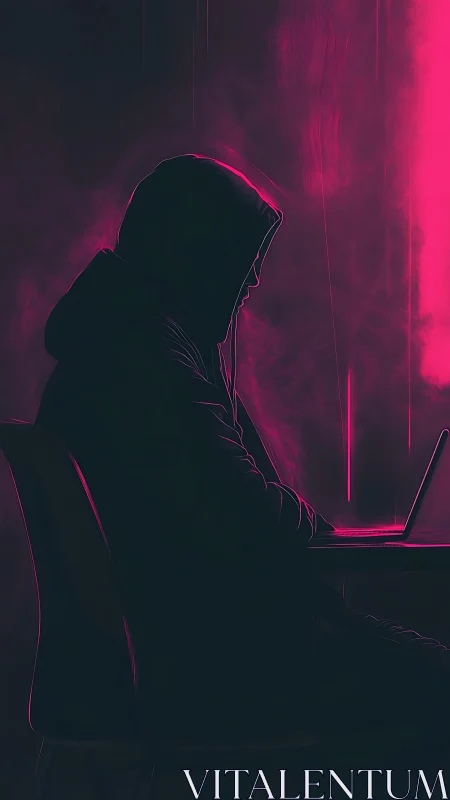 Cyberpunk hooded operator in neon magenta silhouette profile.