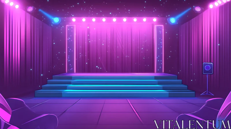 Stage with tiered platform and magenta-blue LED lighting is shown