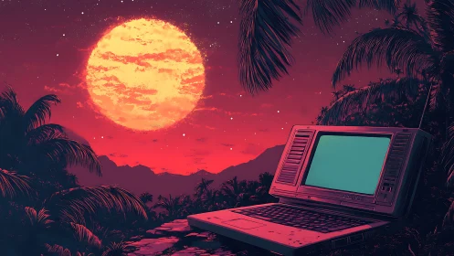 Retro laptop glows beneath oversized neon sun over jungle