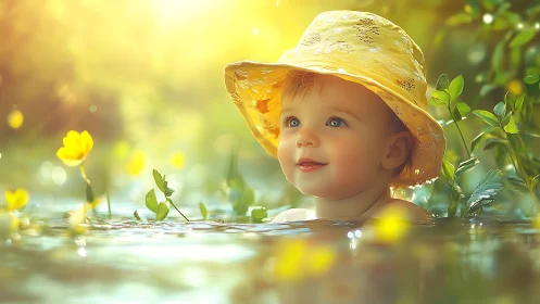Toddler in Golden Hat Wades Through Summer Wildflower Water