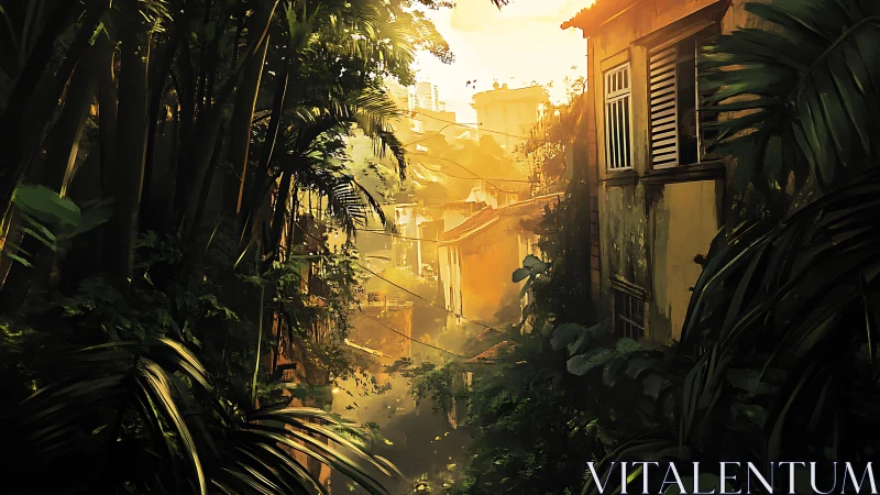 Overgrown alleyway shows dense foliage reclaiming urban housing