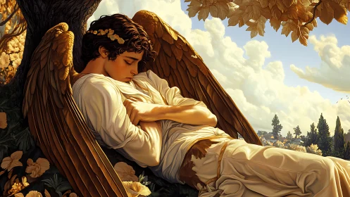 Golden-winged angel dreaming beneath sunlit autumn leaves.
