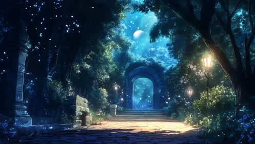 Moonlit forest gateway opening onto a starlit realm.