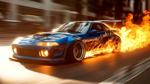 Photorealistic street racer with dynamic flame trail composition.