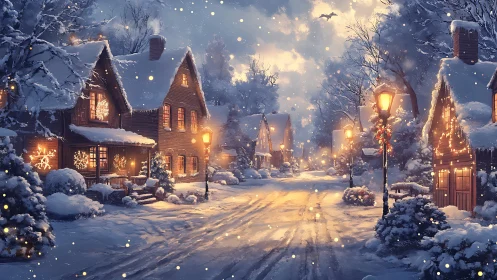 Snowy village street with lit cottages and warm windows.
