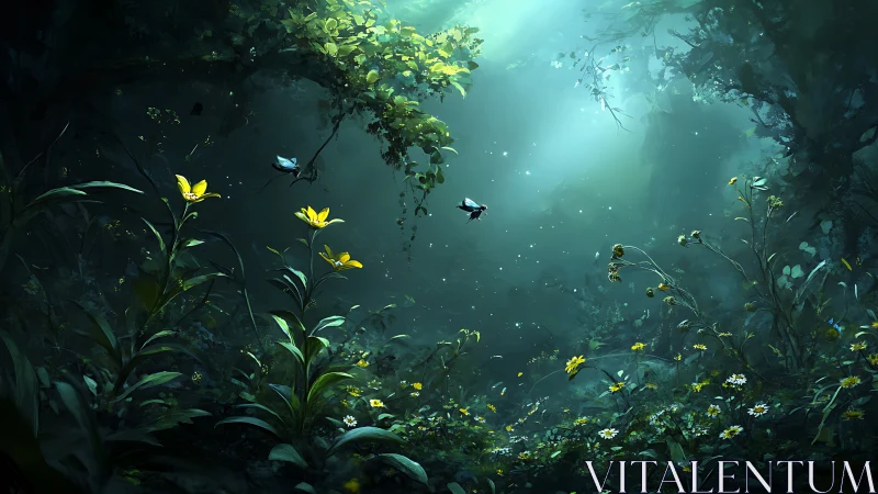 Bioluminescent forest glade with yellow wildflowers and insects