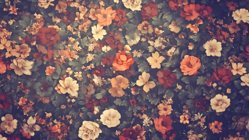 Vintage floral composition with layered warm-toned botanical specimens on dark background.